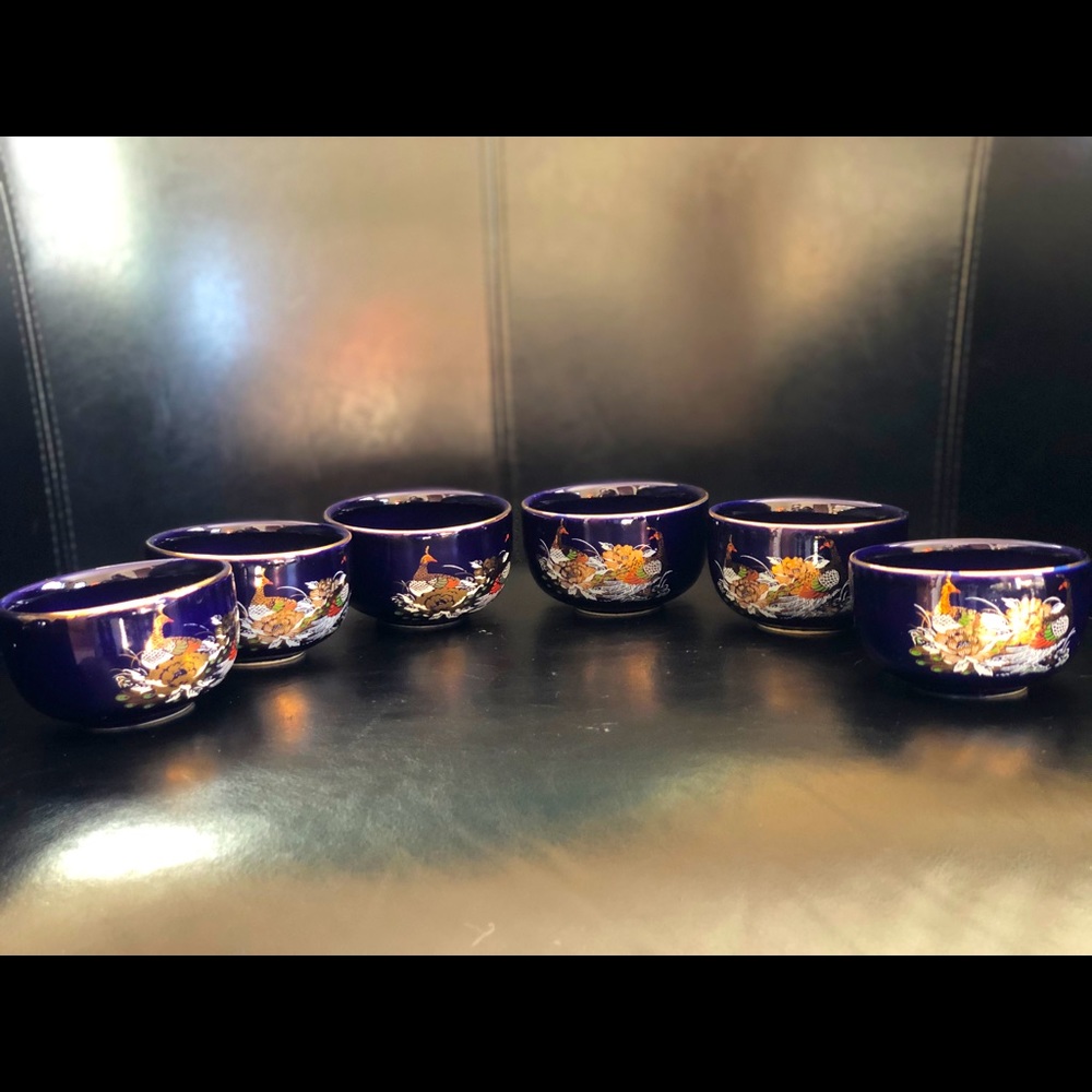 Vintage Japanese 6 teacup set-peacock gold accents